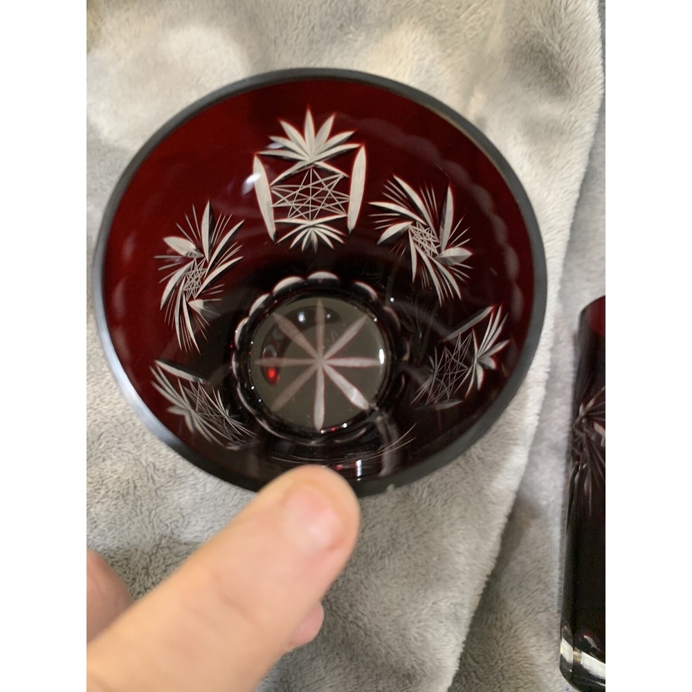 SET OF 4 RUBY RED BOHEMIAN CRYSTAL CUT TO CLEAR WHISKEY TUMBLER BAR GLASSES - Picture 12 of 14